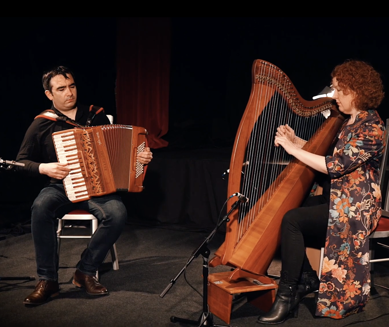 Martin Tourish playing accordion and Tríona Marshall playing harp in front of black background