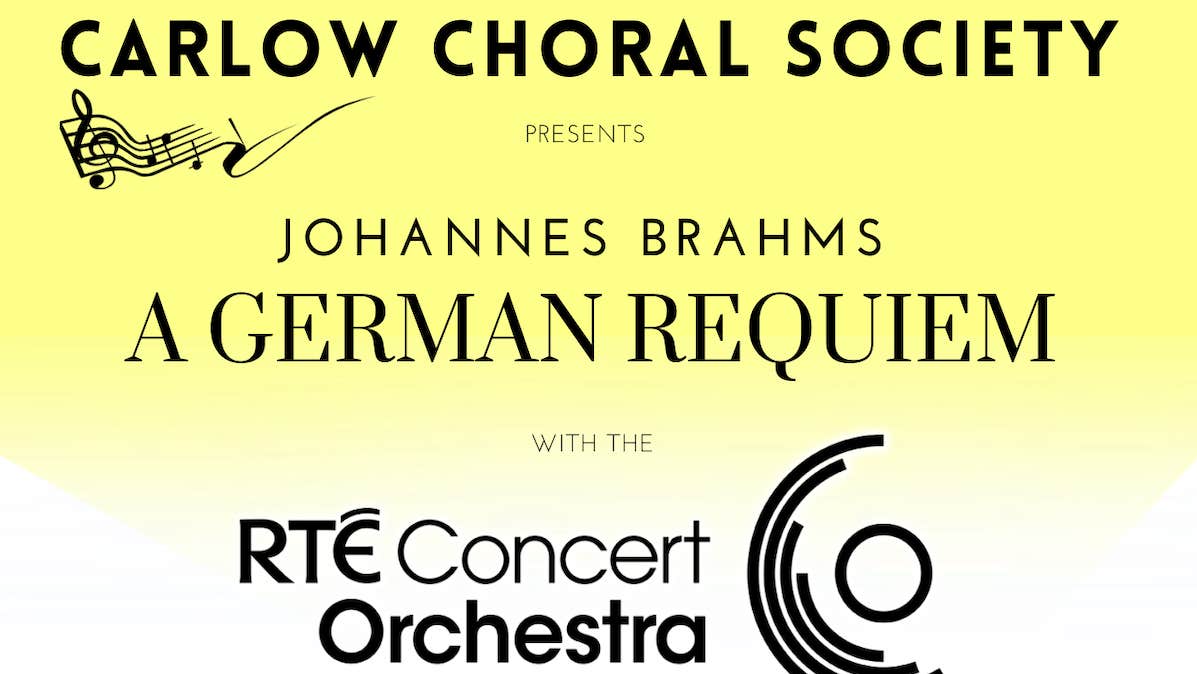 Yellow fading to white background with event text in black and musical notes, circular black logo of RTE concert Orchestra