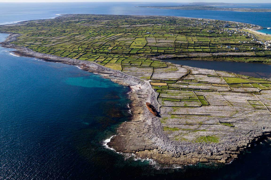 Aerial view of Inisheer with Plassey shipwreck, Aran Islands, County Galway