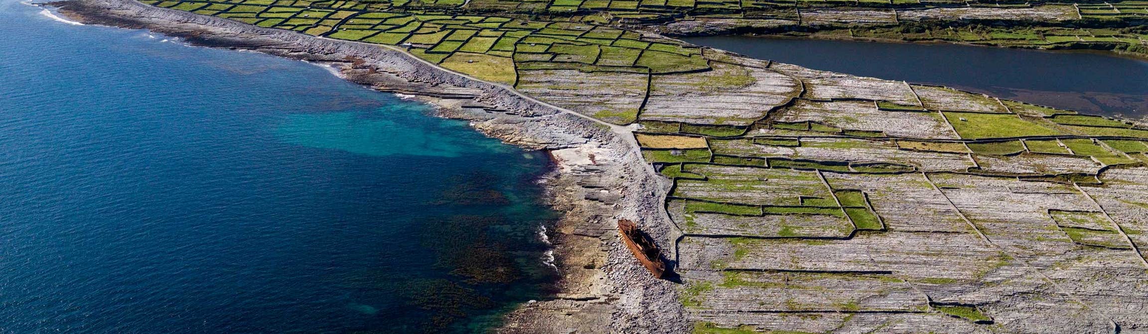 Aerial view of Inisheer with Plassey shipwreck, Aran Islands, County Galway