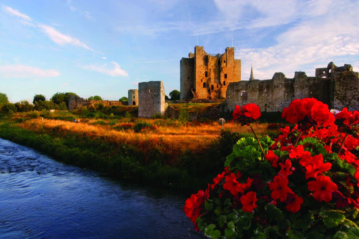 Red flowers and a wide river in front of Trim Castle in County Meath