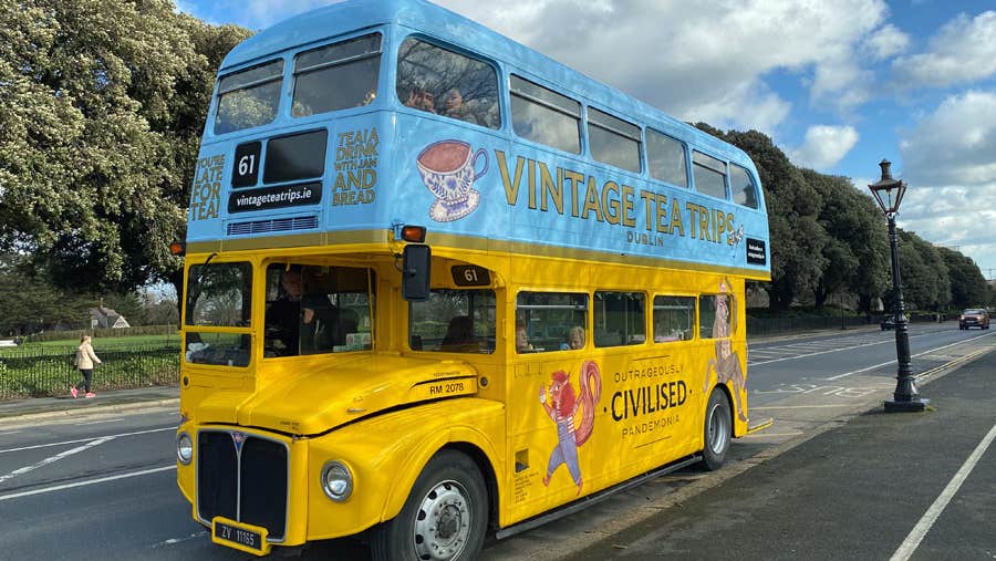 Vintage Tea Bus driving through the Phoenix Park