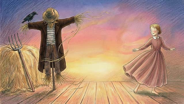 Lyngo Theatre presents Hay! Cartoon type image of a scarecrow and a young woman in a flowing dress surrounded by hay.