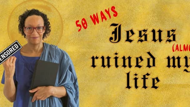 A person in blue robe holding a large book with hand censored, against dull yellow background with event text.