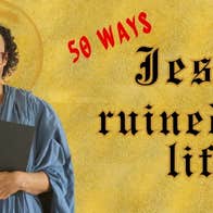 A person in blue robe holding a large book with hand censored, against dull yellow background with event text.