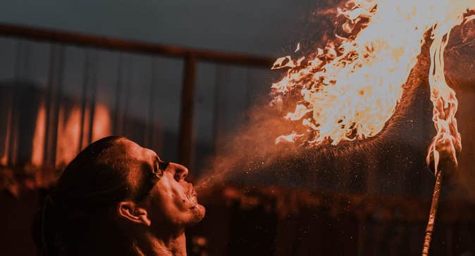 Samhain After Dark Belvedere, a man appearing to blow fire out of his mouth