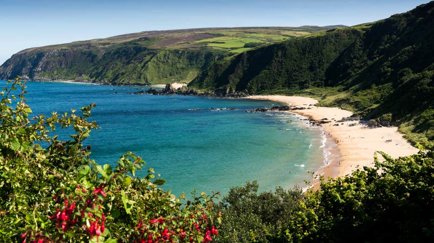 Kinnagoe Bay seen from above on a sunny day in County Donegal