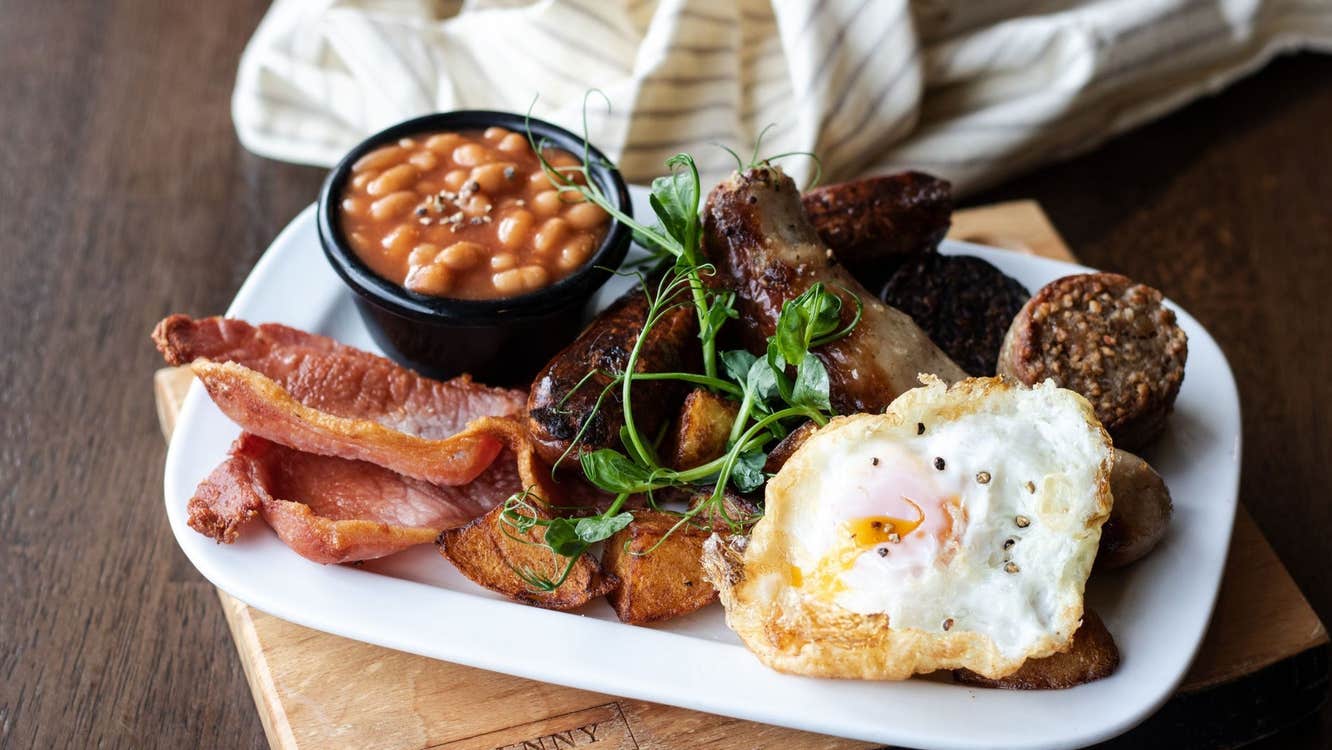 A full Irish breakfast on a white platter