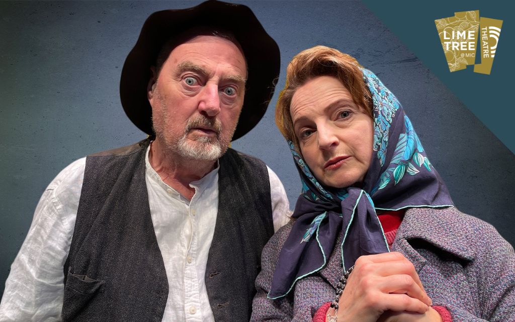 A man in old shirt, waistcoat and hat with a brim is looking surprised beside a woman in an old fashioned headscarf looking judgemental.