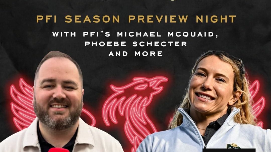 Picture of both hosts of panel discussion on a black background in front of a neon phoenix