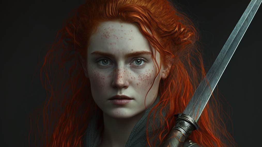 A pale faced woman with red hair and a large sword resting on her left shoulder, dark background.
