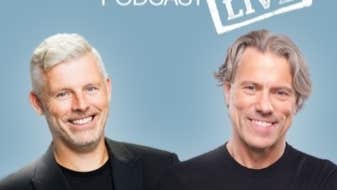 Poster for The Bishop Exchange Podcast Live with 2 smiling men in black tops
