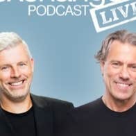 Poster for The Bishop Exchange Podcast Live with 2 smiling men in black tops