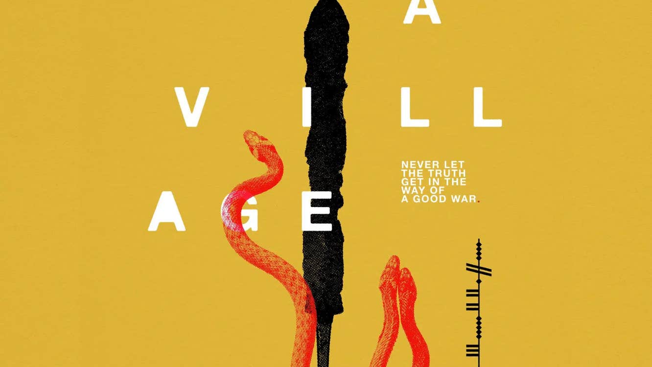 Dull yellow background with red snakes moving upwards vertically.