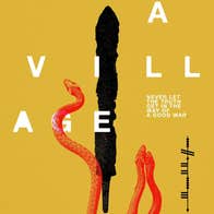 Dull yellow background with red snakes moving upwards vertically.