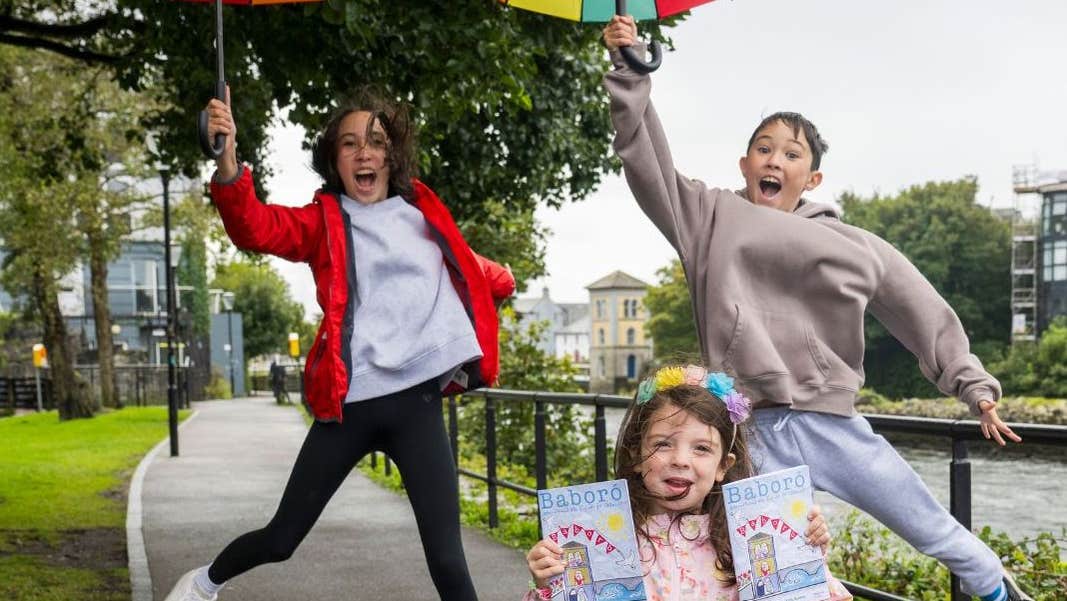 Siblings Sadhbh (12) and Eoghan (10) with Sadhbh, 5 at the launch of Baboró 2025 which brings wonder, play and creativity to Galway. Photo: Andrew Downes, xposure.