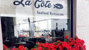 Restaurant window with red flowers