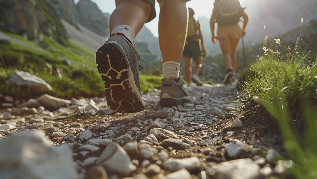 View from gravel path of three people hiking