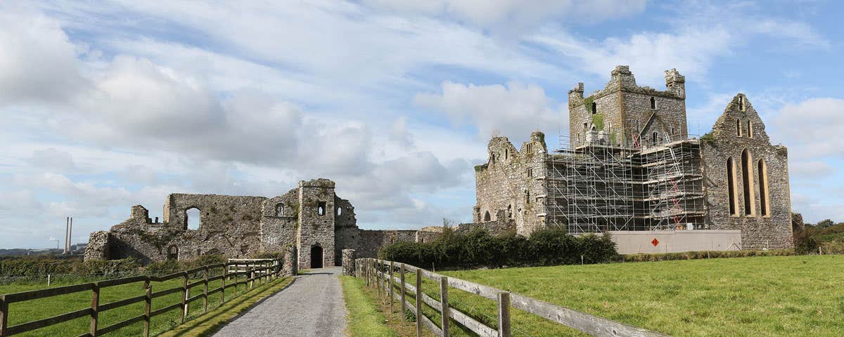 The pathway up to Dunbrody Abbey which has some scaffolding attached