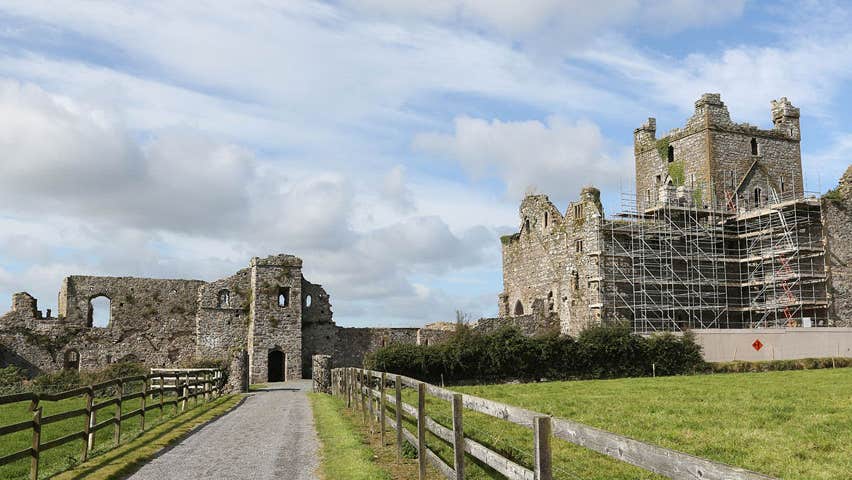 The pathway up to Dunbrody Abbey which has some scaffolding attached