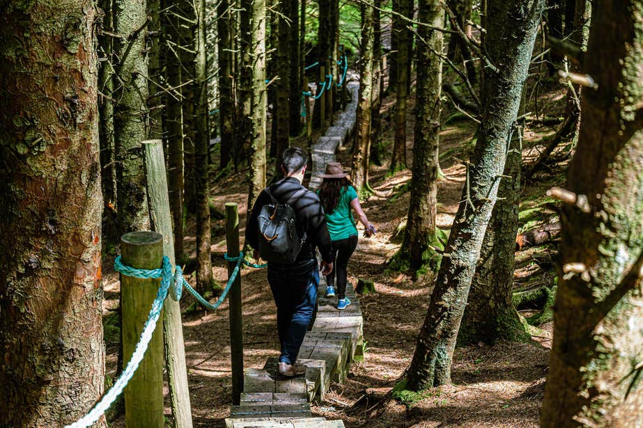 Hikers walking the Queen Maeve Trail in the Knocknarea Mountains in Sligo