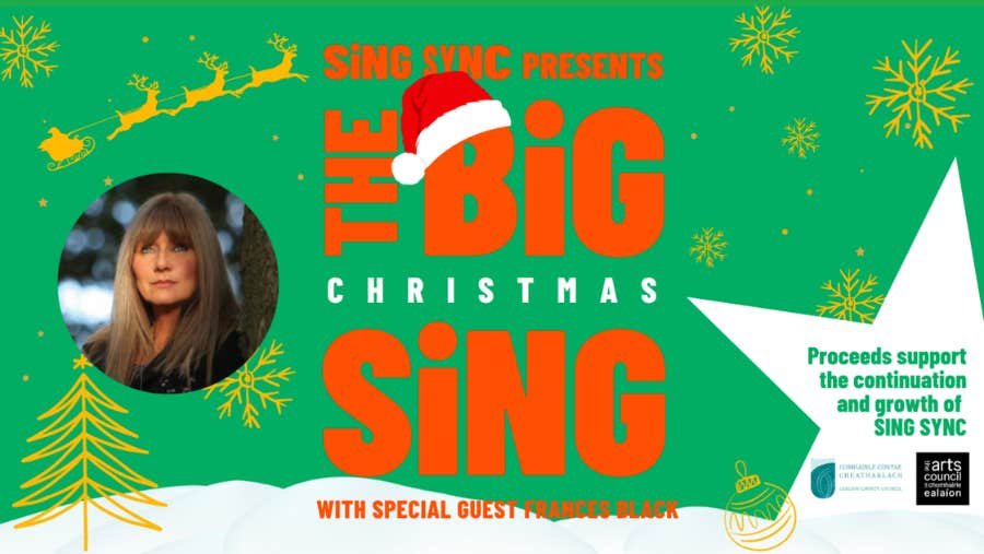 The Big Christmas Sing with Frances Black, green and white poster with red event text