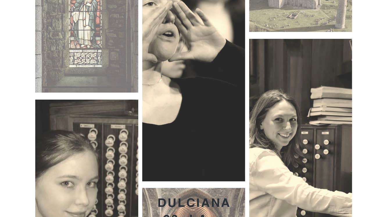 Kildare Festival celebrates Brigid 1500. Collage of different musicians with church organ and stained glass window.