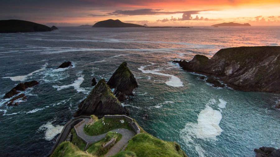 The rocky coastline of the Dingle Peninsula at sunset