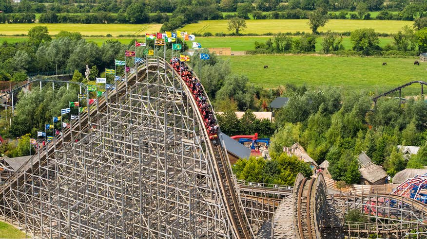 People on a rollercoaster at Emerald Park Theme Park in Meath