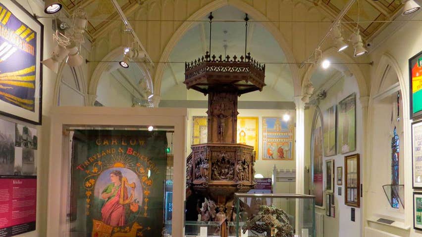Decorative pulpit and other displays in Carlow Museum