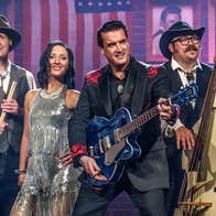 A line of 6 various performers with musical instruments.