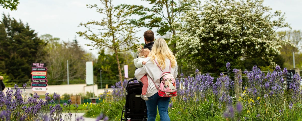 A couple and child walking on a path lined with shrubs and trees at Airfield Estate