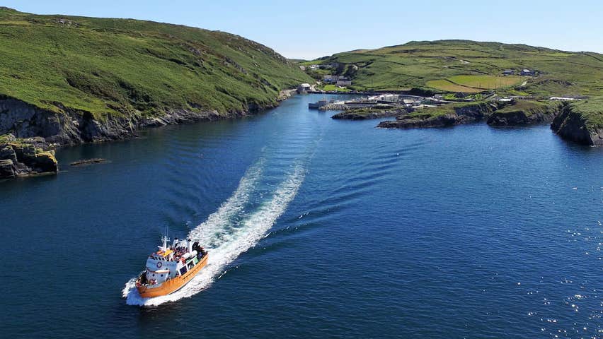 Aerial view of Cape Clear Island Ferry on open sea