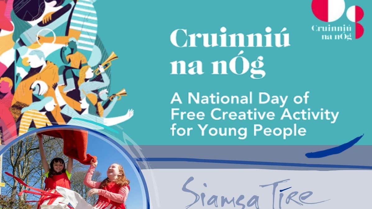 Part of poster in green and blue with part of photo of 2 children playing, text and drawn images of people playing instruments.