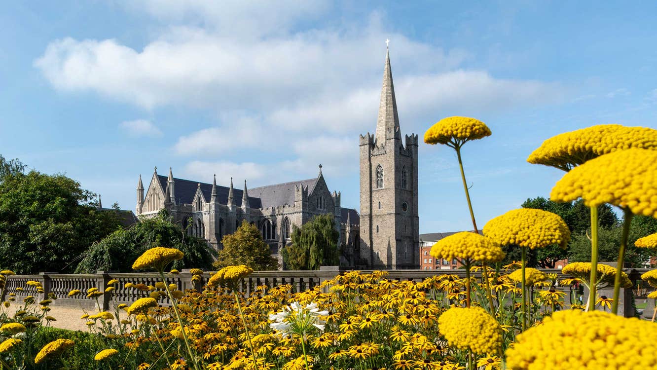 View of St Patrick's Cathedral with some flowers on the front, Dublin City