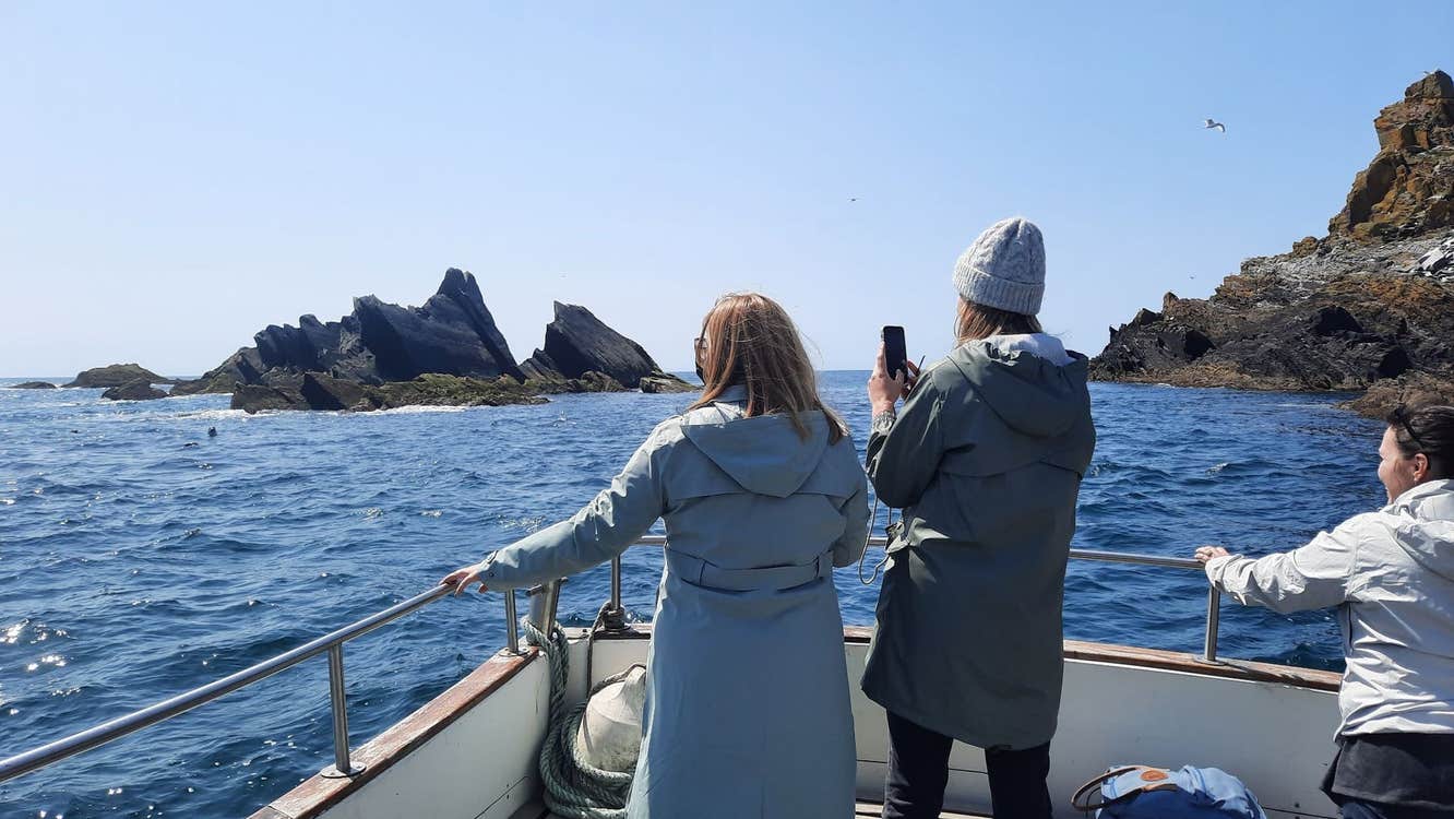 People on a boat tour viewing rocky coastal cliffs on a sunny day