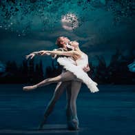 A female in short, white tutu on point ballet shows being supported by a man beside her on a dark stage