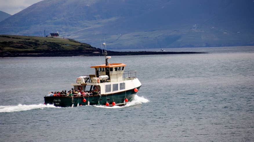 A boat on the water with a backdrop of vast mountains in Dingle, Kerry