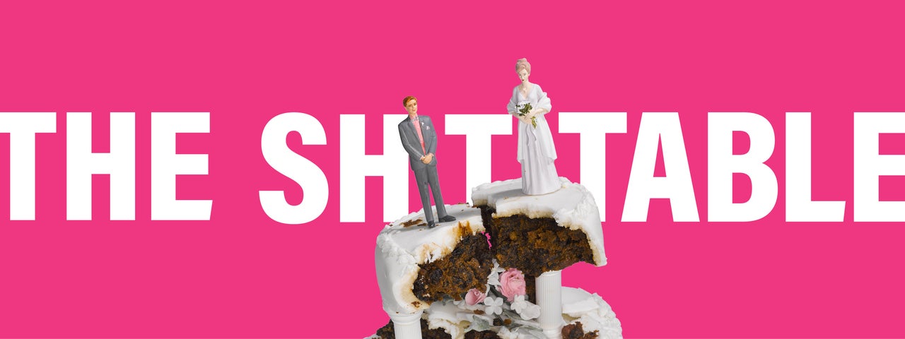 A plastic mini bride and groom on top of a broken wedding cake with large white event text and bright pink background.