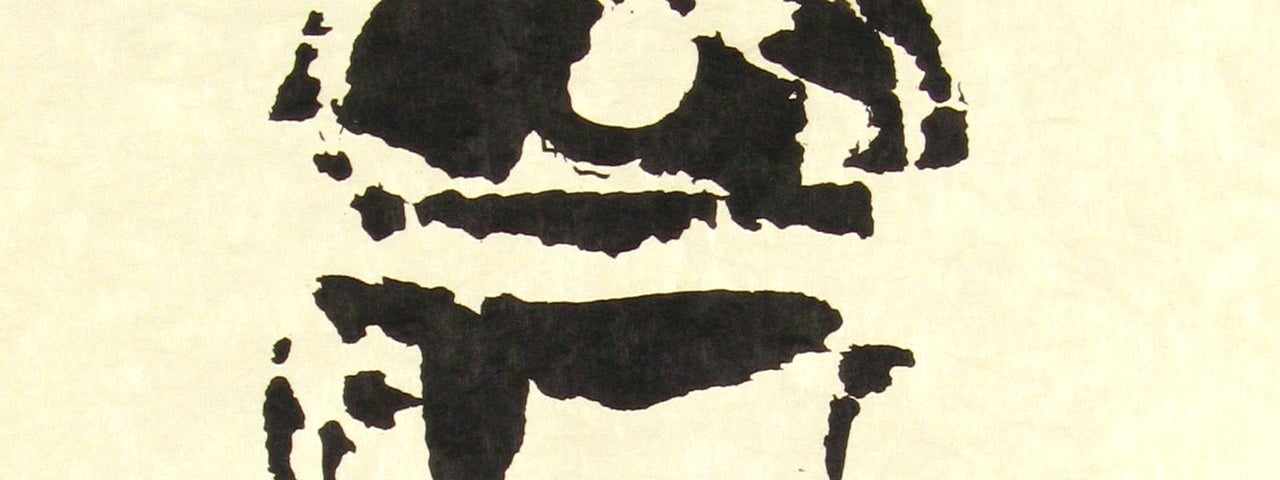 Shadows, Artist: Louis le Brocquy - Black rough sketch image of a small building with a domed roof on pale yellow background.