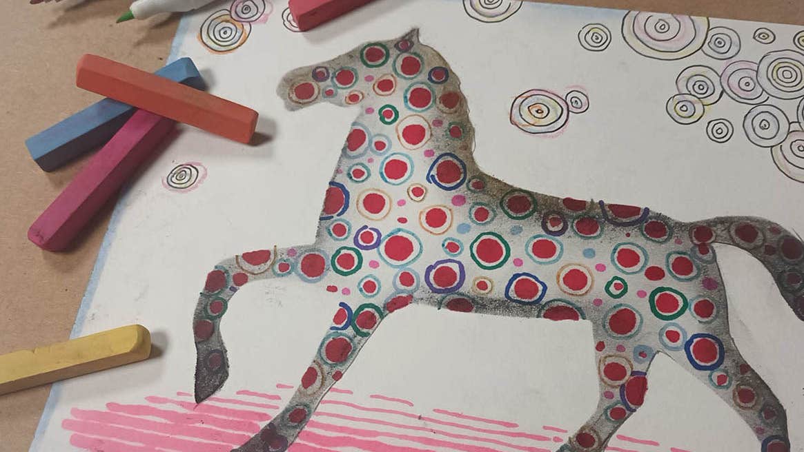 Silk Worm Families Workshop: Fact and Folklore. a hand drawn picture of horse covered in red circles.