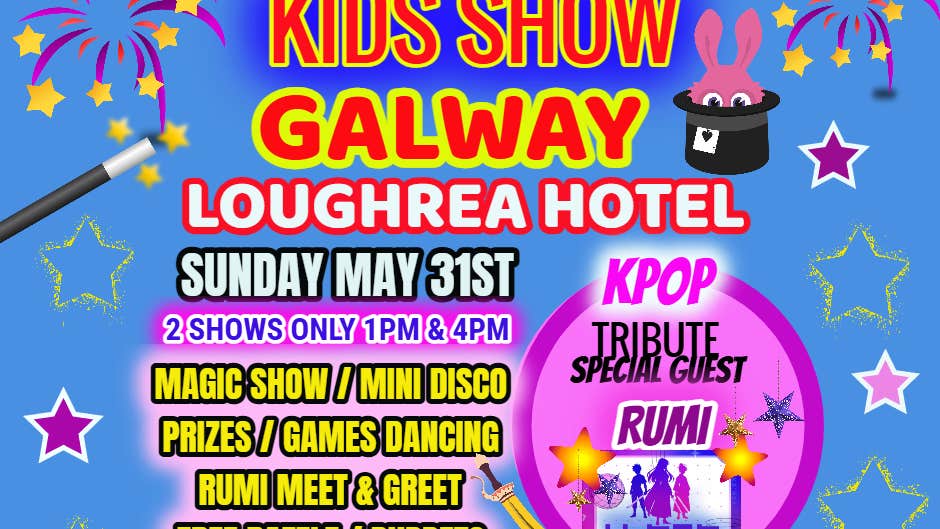 Poster for Party Time Kids Show with lots of text against blue background with stars