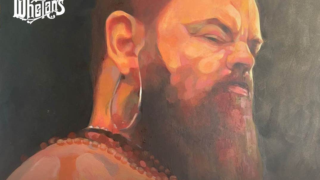 Painting of man's head and upper body viewed slightly from below and to his right side, he is looking downwards out of the corner of his eye, unclothed with necklaces and jewellery and a big beard.
