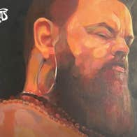 Painting of man's head and upper body viewed slightly from below and to his right side, he is looking downwards out of the corner of his eye, unclothed with necklaces and jewellery and a big beard.