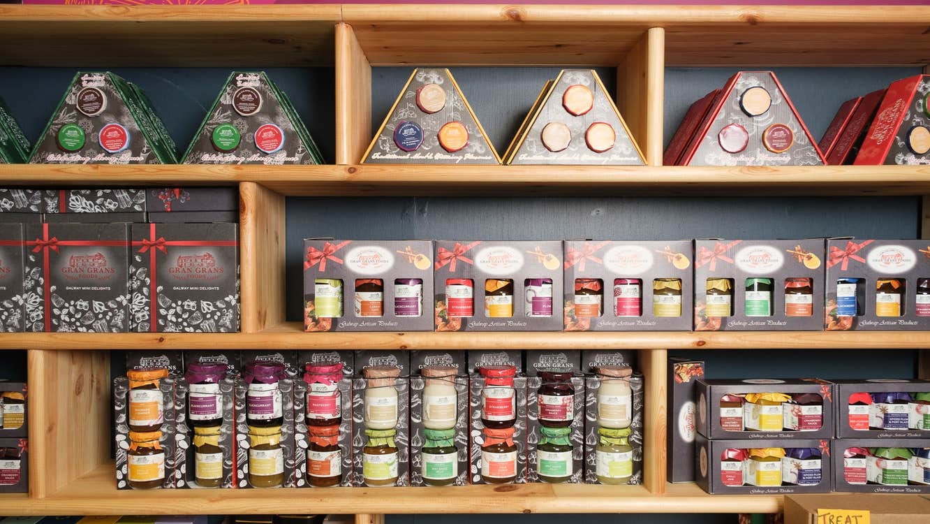 A shop display of Gran Grans Foods chutneys and jams