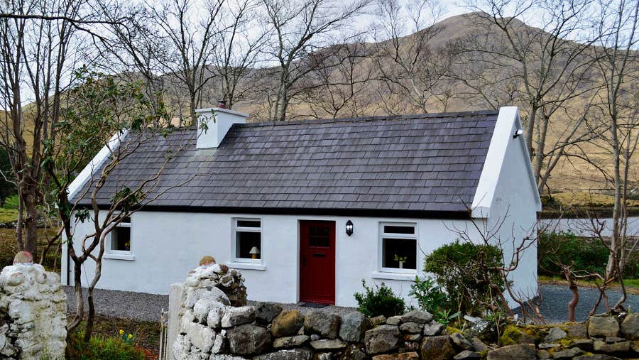 Front view of white cottage