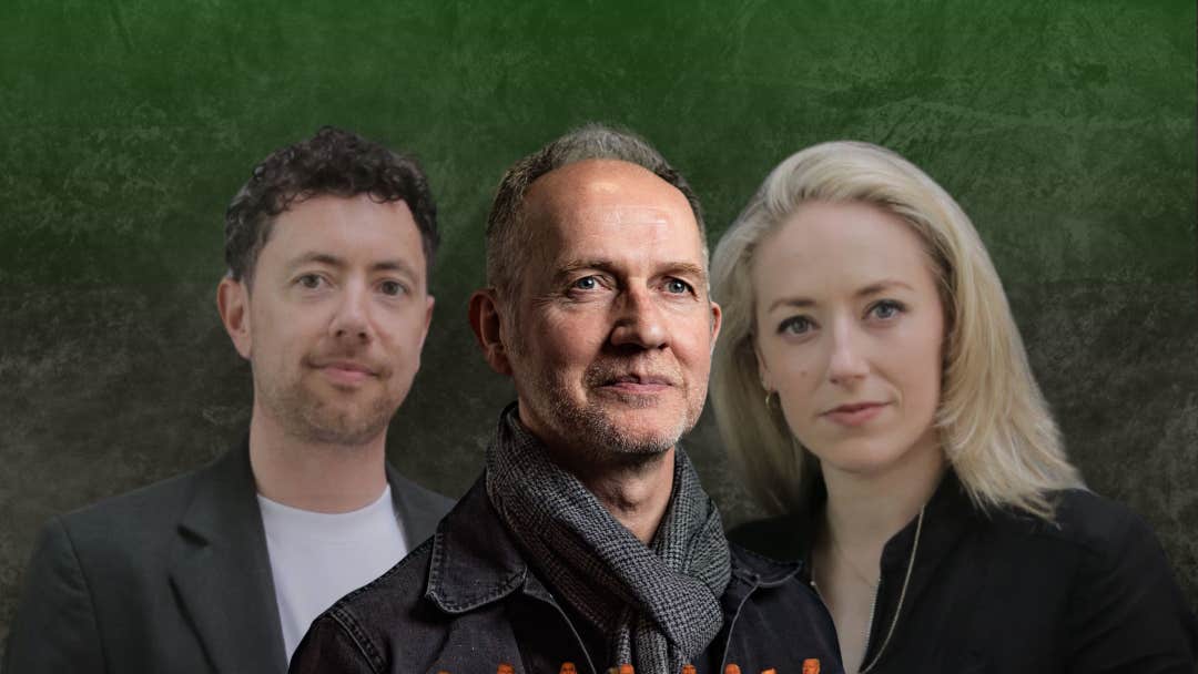 This image shows renowned traditional Irish musicians Iarla Ó Lionáird, Cormac McCarthy & Aoife Ní Bhriain, who are set to play St.Canice's Cathedral on Friday 13th March as part of Kilkenny Tradfest. It also features The Lady Desart Choir.