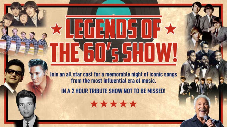 Poster for Legends of The 60s Show with small photos of different groups and singers around the edge with text in the centre.