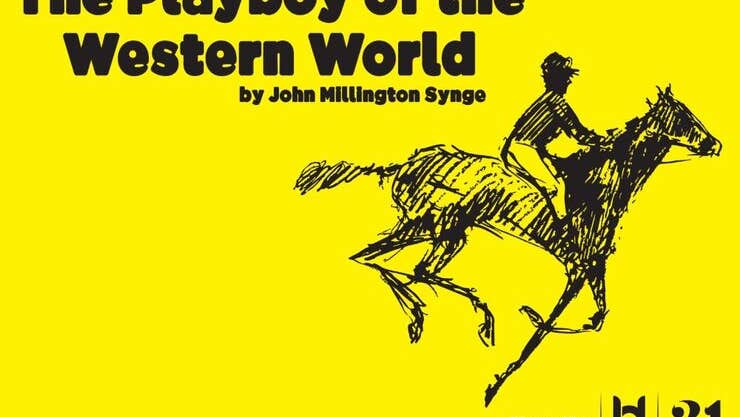 Bright yellow background with basic sketch in black ink of jockey riding a horse and black event text.