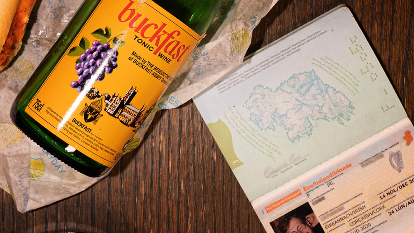Bottle of Buckfast and an Irish passport